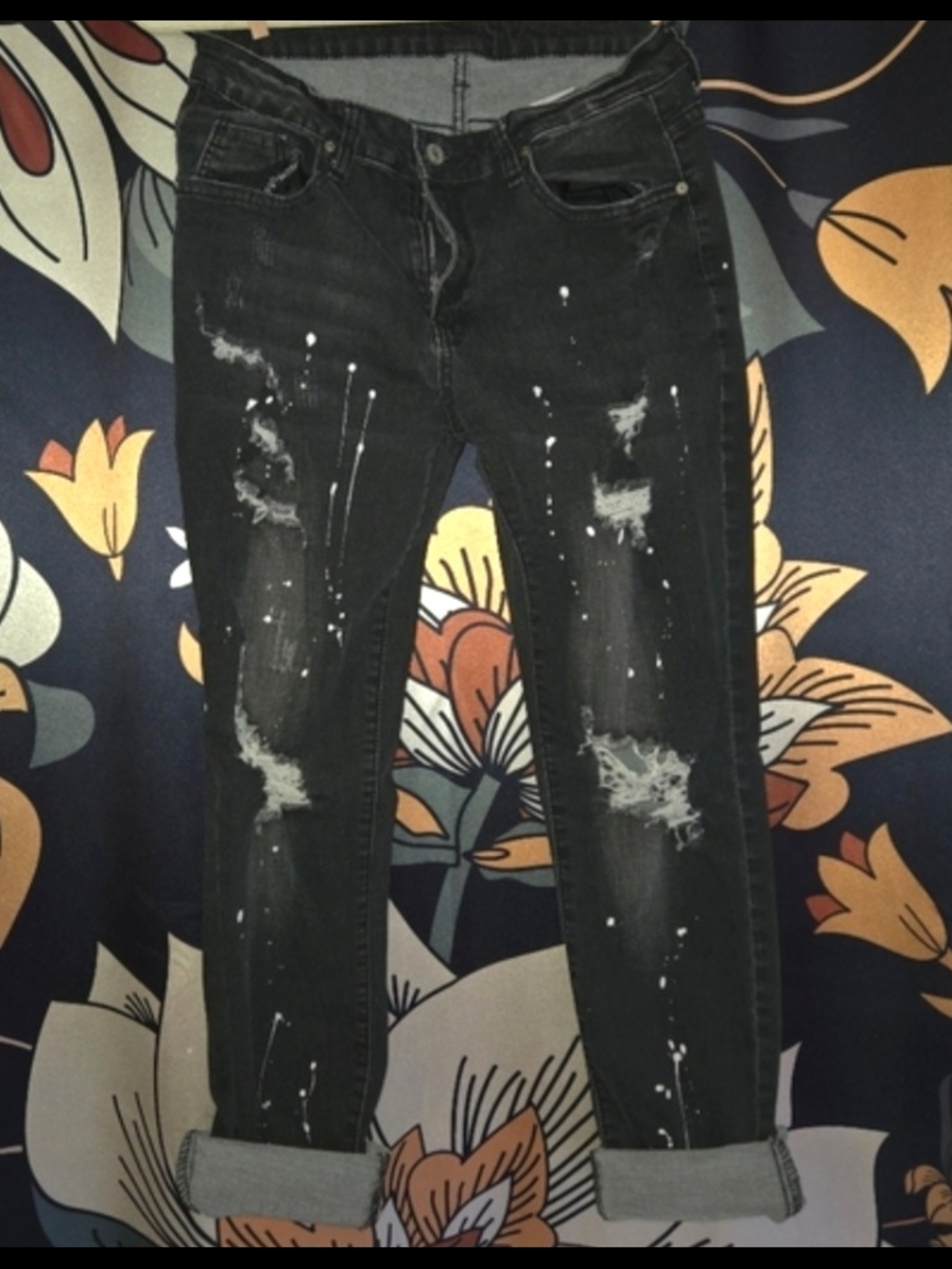 Distressed Black Women's Slim Jeans with Paint-Splash Detail